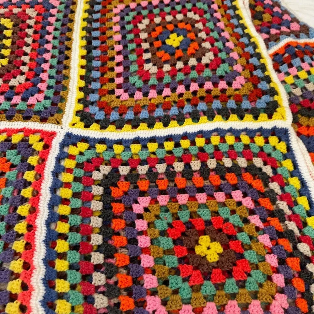 VTG Crochet Granny Square Blanket Handmade Afghan Boho Cottagecore Full Retro